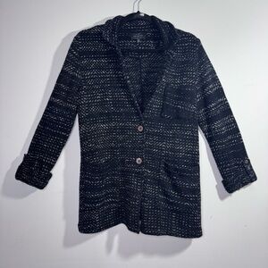 Lucky Brand Knit Jacket Heavy Cardigan Black White Marled Button Front S